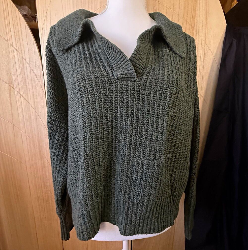 Old Navy Womens L Green Solid Knit Collared Long Sleeve Pullover Sweater